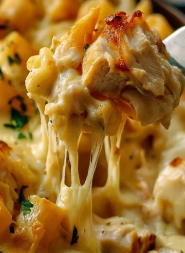 Garlic parmesan pasta bake in a dish, garnished with parsley and cheese