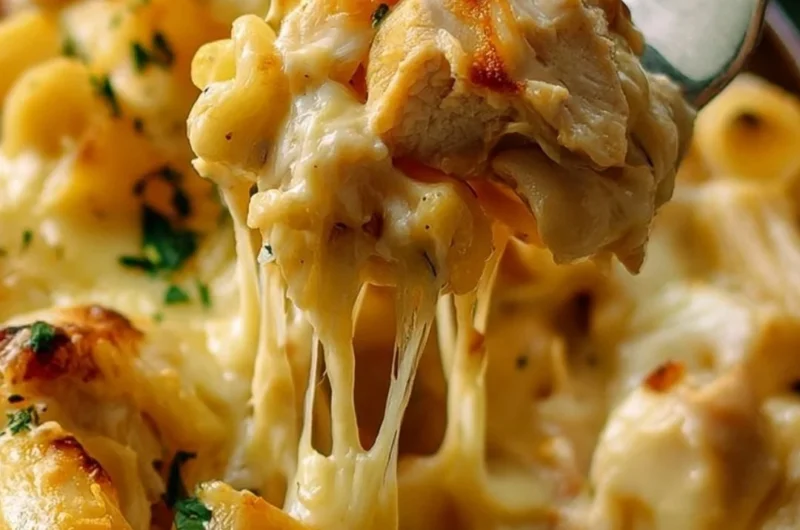 Garlic parmesan pasta bake in a dish, garnished with parsley and cheese