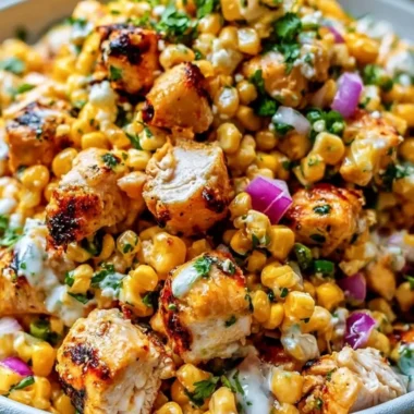Quick high-protein chicken salad with street corn for lunch prep.