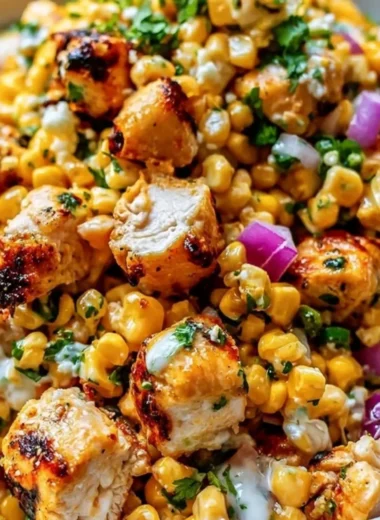 Quick high-protein chicken salad with street corn for lunch prep.