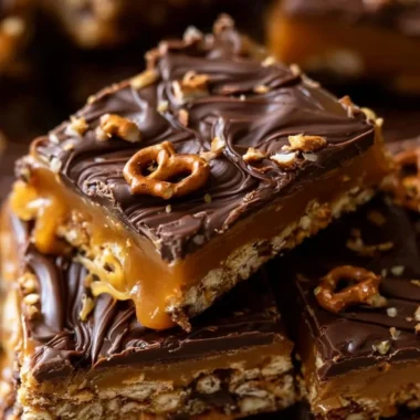 Delicious no-bake salted caramel squares with pretzel and chocolate topping.