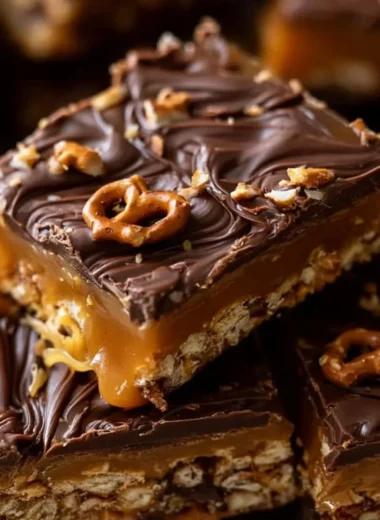 Delicious no-bake salted caramel squares with pretzel and chocolate topping.