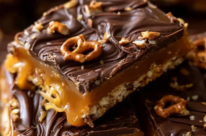 Delicious no-bake salted caramel squares with pretzel and chocolate topping.