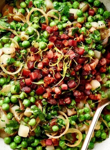 Thanksgiving peas side dish served on a festive table