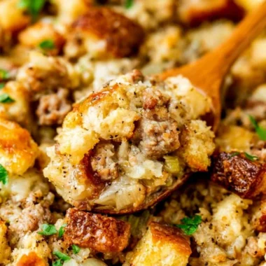 Delicious sausage stuffing prepared and served in a festive dish
