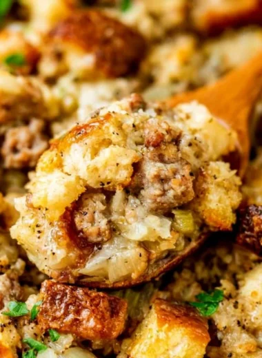 Delicious sausage stuffing prepared and served in a festive dish
