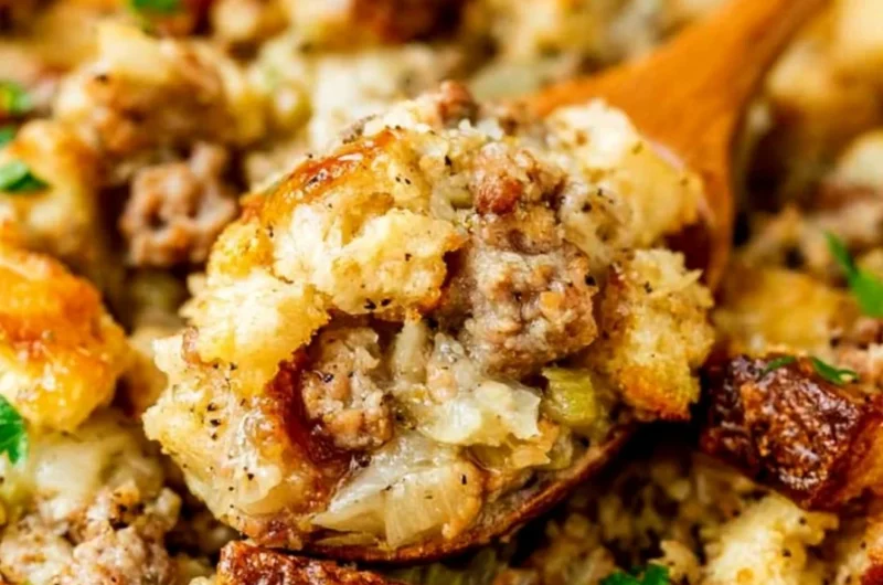 Delicious sausage stuffing prepared and served in a festive dish
