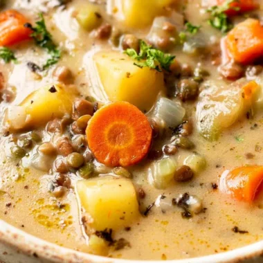Bowl of delicious vegetarian lentil soup garnished with fresh herbs