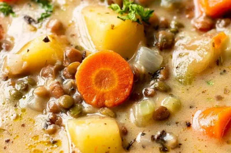 Bowl of delicious vegetarian lentil soup garnished with fresh herbs